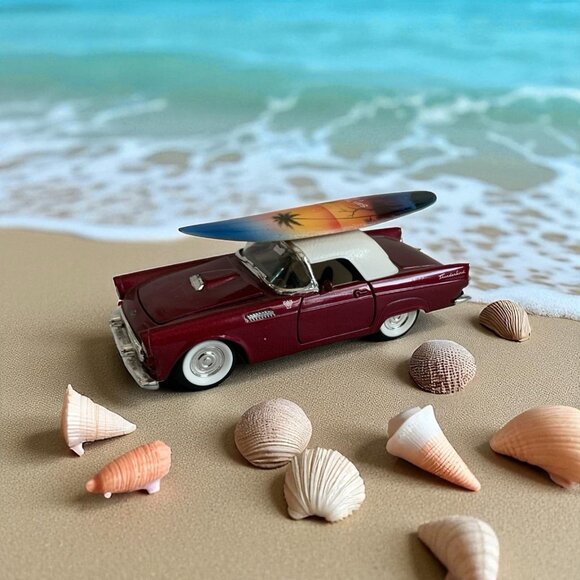1955 Ford Thunderbird Red Diecast Model Car with Surfboard Rare Collectible - Picture 1 of 4